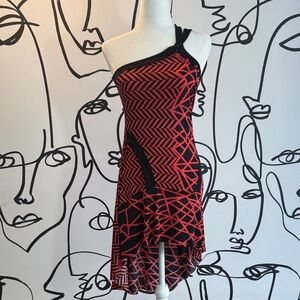One-Shoulder Black and Red Geometric Dress